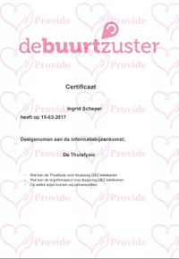 Certificaat bijeenkomst thuisfysio Ingrid Scheper 15-03-2017